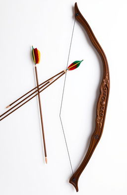 A beautifully crafted wooden bow and a set of elegantly designed arrows, displayed prominently against a pure white background