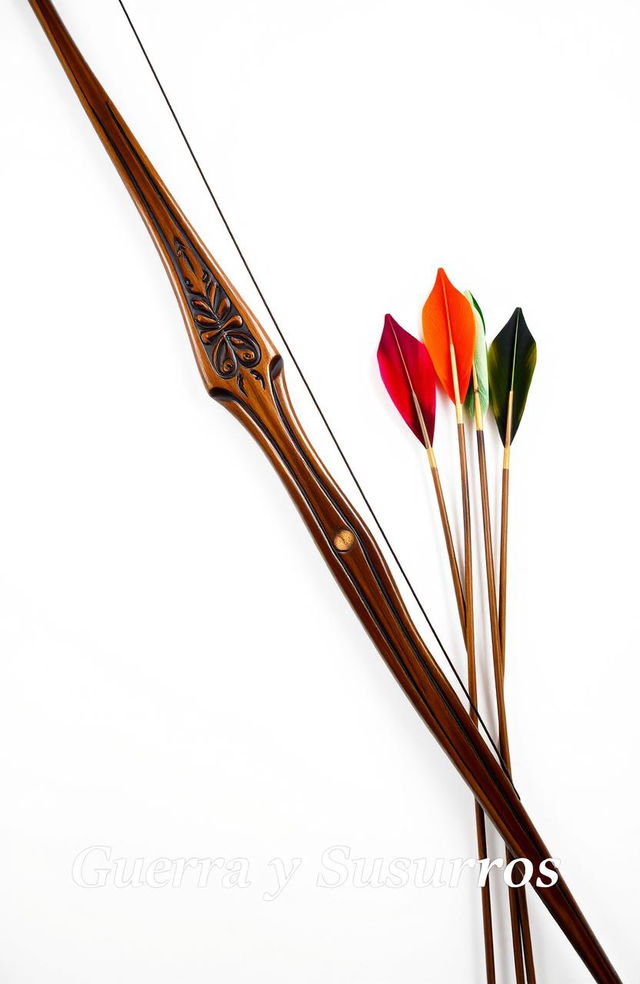 A beautifully crafted wooden bow and a set of elegantly designed arrows, displayed prominently against a pure white background