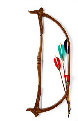 A beautifully crafted wooden bow and a set of elegantly designed arrows, displayed prominently against a pure white background
