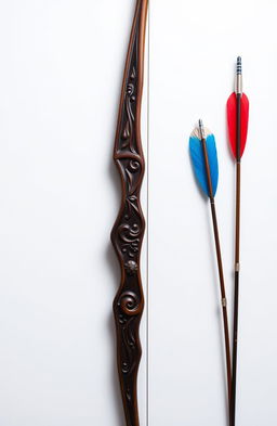 A beautifully crafted wooden bow and a set of elegantly designed arrows, displayed prominently against a pure white background