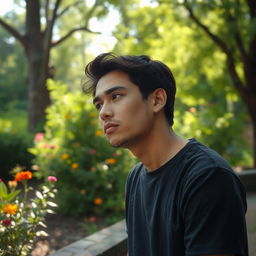 A contemplative person in a tranquil outdoor setting, fully engaged with their surroundings
