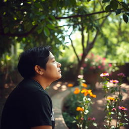 A contemplative person in a tranquil outdoor setting, fully engaged with their surroundings