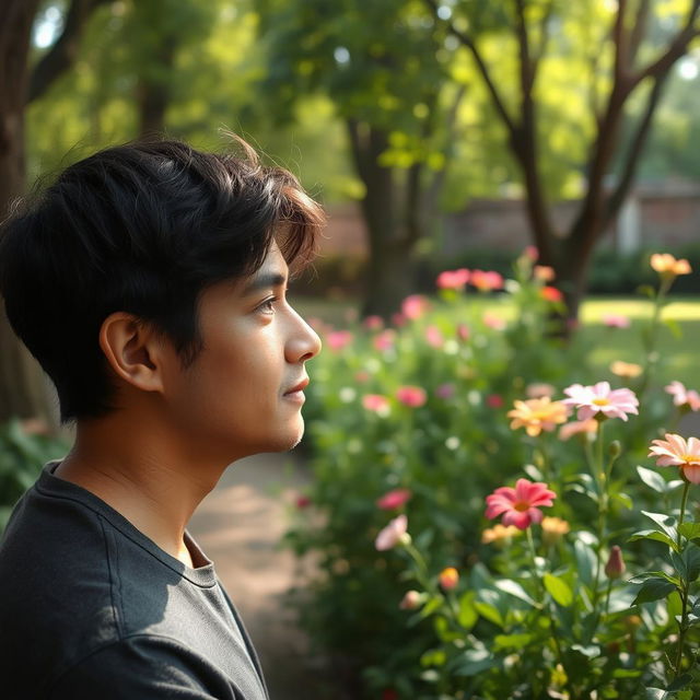 A contemplative person in a tranquil outdoor setting, fully engaged with their surroundings