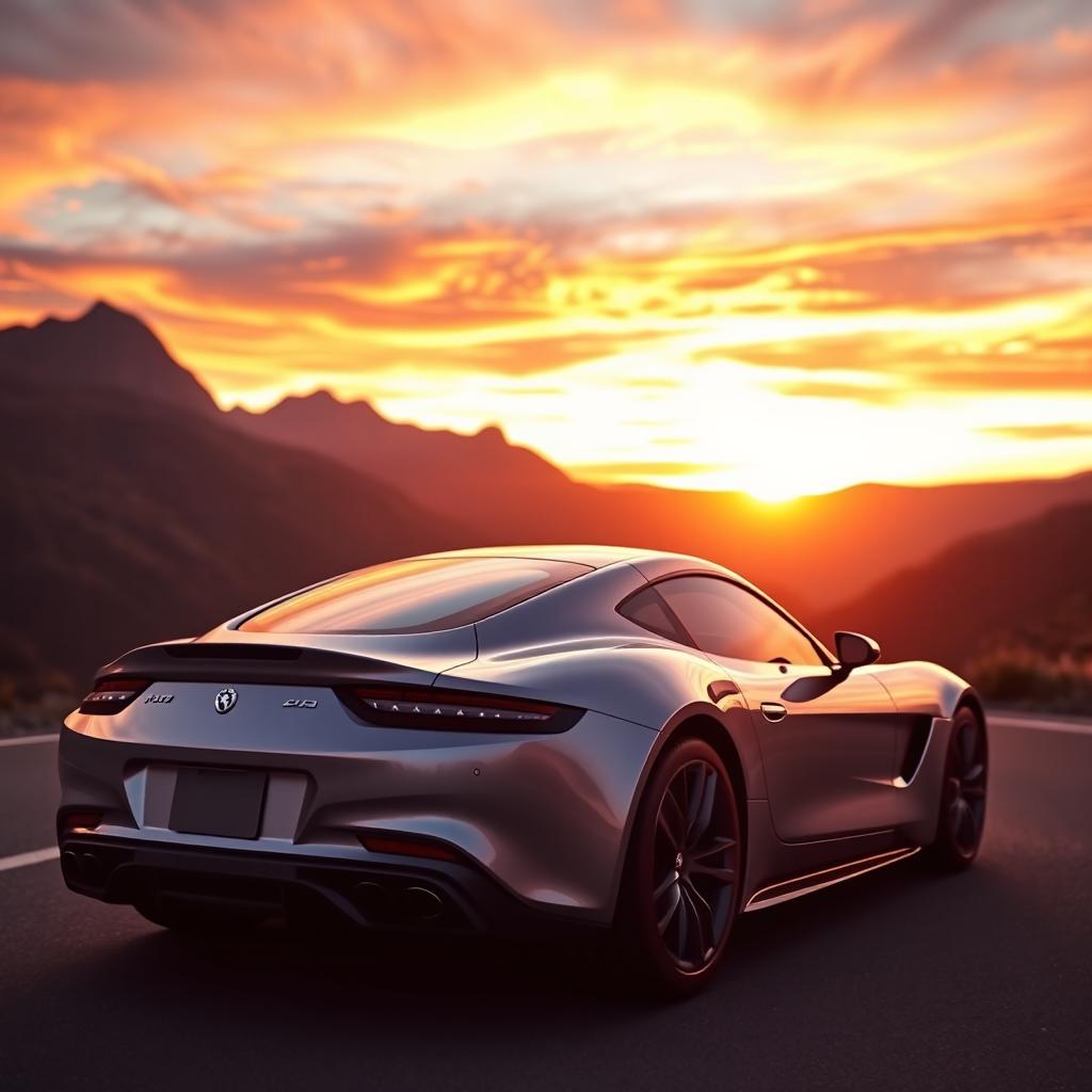 A sleek sports car parked on a scenic mountain road at sunset, surrounded by stunning mountains and a vibrant sky filled with hues of orange, pink, and purple