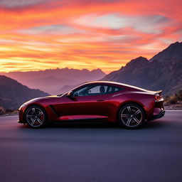 A sleek sports car parked on a scenic mountain road at sunset, surrounded by stunning mountains and a vibrant sky filled with hues of orange, pink, and purple