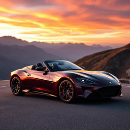 A sleek sports car parked on a scenic mountain road at sunset, surrounded by stunning mountains and a vibrant sky filled with hues of orange, pink, and purple