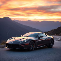 A sleek sports car parked on a scenic mountain road at sunset, surrounded by stunning mountains and a vibrant sky filled with hues of orange, pink, and purple
