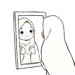 A cute girl wearing a hijab posing in front of a mirror, captured in a minimalist art style