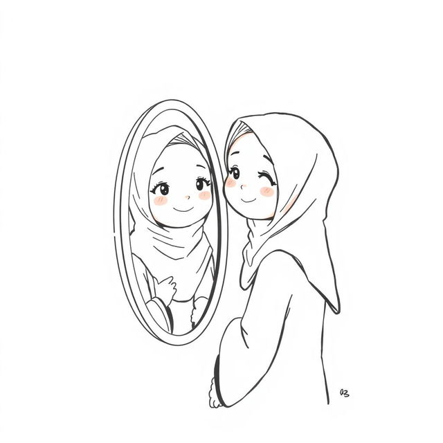 A cute girl wearing a hijab posing in front of a mirror, captured in a minimalist art style