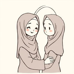 A cute girl wearing a hijab posing in front of a mirror, captured in a minimalist art style