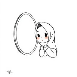A cute girl wearing a hijab posing in front of a mirror, captured in a minimalist art style