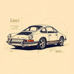 A stunning poster featuring a classic Porsche 911 car, illustrated in the style of Leonardo da Vinci