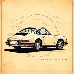 A stunning poster featuring a classic Porsche 911 car, illustrated in the style of Leonardo da Vinci