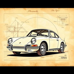 A stunning poster featuring a classic Porsche 911 car, illustrated in the style of Leonardo da Vinci