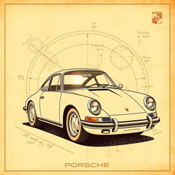 A stunning poster featuring a classic Porsche 911 car, illustrated in the style of Leonardo da Vinci