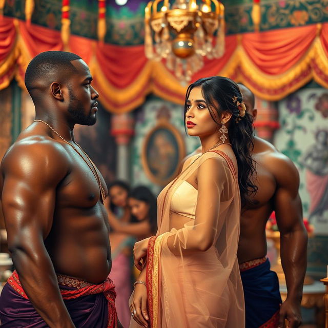 In a vibrant Indian setting, an elegant slim girl wearing a stunning transparent saree looks amazed as she interacts with two muscular Black men