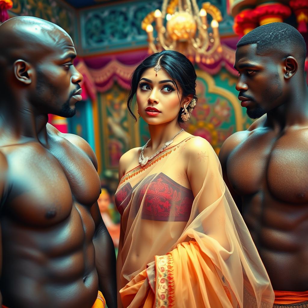 In a vibrant Indian setting, an elegant slim girl wearing a stunning transparent saree looks amazed as she interacts with two muscular Black men