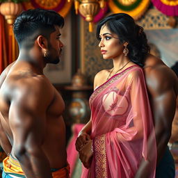 In a vibrant Indian setting, an elegant slim girl wearing a stunning transparent saree looks amazed as she interacts with two muscular Black men