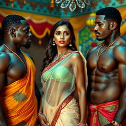 In a vibrant Indian setting, an elegant slim girl wearing a stunning transparent saree looks amazed as she interacts with two muscular Black men