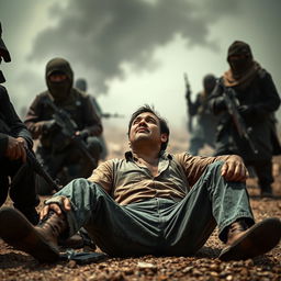 A man sitting on the ground, surrounded by terrorists