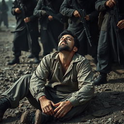 A man sitting on the ground, surrounded by terrorists