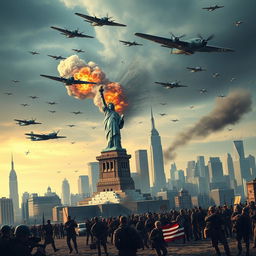 A dramatic scene depicting New York City during an alternate history where Nazi Germans invade by ship, attacking the city