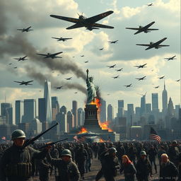 A dramatic scene depicting New York City during an alternate history where Nazi Germans invade by ship, attacking the city