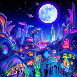 A stunning and vibrant illustration featuring a futuristic cityscape at night, with bioluminescent plants and glowing neon lights