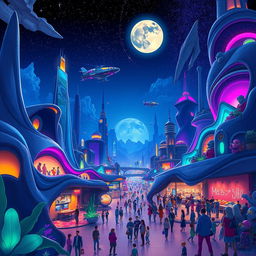 A stunning and vibrant illustration featuring a futuristic cityscape at night, with bioluminescent plants and glowing neon lights