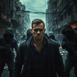 A dramatic and intense scene depicting a man surrounded by terrorists in an urban environment