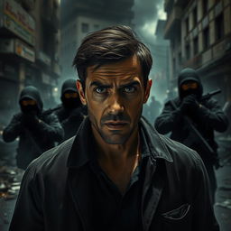 A dramatic and intense scene depicting a man surrounded by terrorists in an urban environment