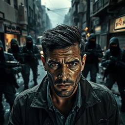 A dramatic and intense scene depicting a man surrounded by terrorists in an urban environment