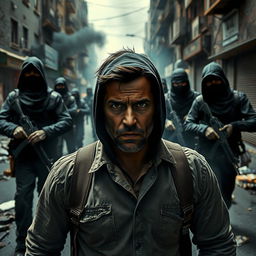 A dramatic and intense scene depicting a man surrounded by terrorists in an urban environment