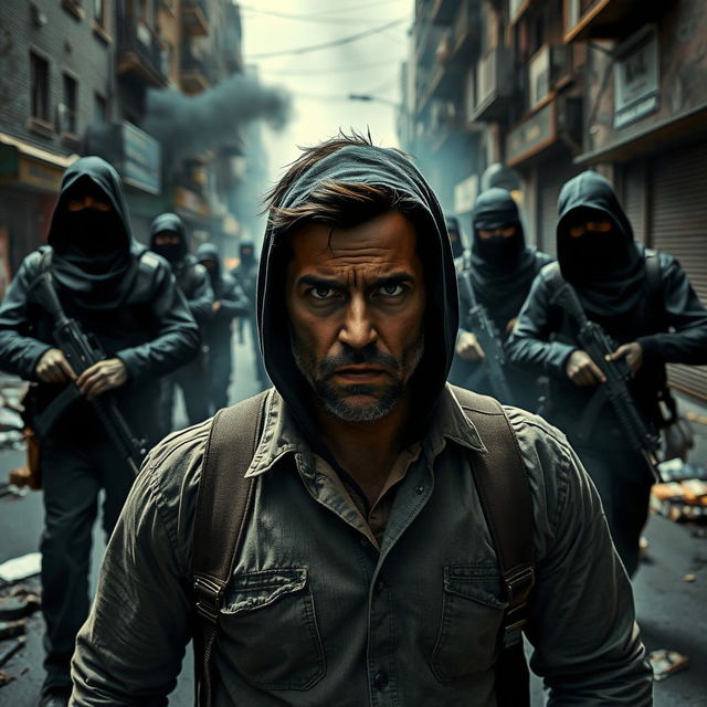 A dramatic and intense scene depicting a man surrounded by terrorists in an urban environment