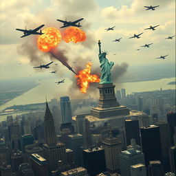 Aerial view of New York City during an alternate history scenario where Nazi Germans invade by ship, attacking the city