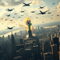 Aerial view of New York City during an alternate history scenario where Nazi Germans invade by ship, attacking the city