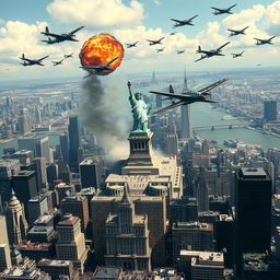 Aerial view of New York City during an alternate history scenario where Nazi Germans invade by ship, attacking the city