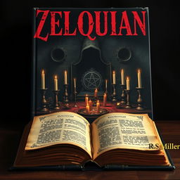 A dark book cover featuring an ancient altar at the center adorned with strange symbols and unlit candles