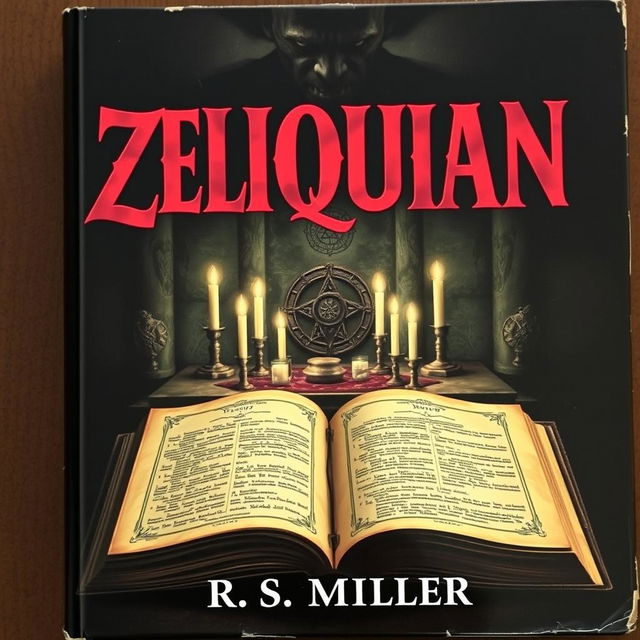 A dark book cover featuring an ancient altar at the center adorned with strange symbols and unlit candles