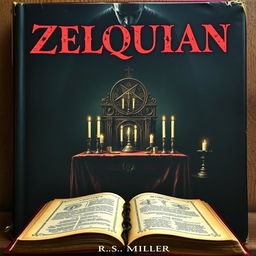 A dark book cover featuring an ancient altar at the center adorned with strange symbols and unlit candles