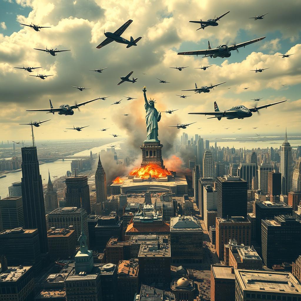 Aerial view of New York City during an alternate history scenario where Nazi Germans invade by ship, attacking the city