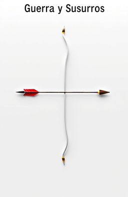 A minimalist artwork titled 'Guerra y Susurros', featuring a sleek white background with a prominently displayed bow and arrow