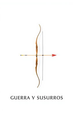A minimalist artwork titled 'Guerra y Susurros', featuring a sleek white background with a prominently displayed bow and arrow