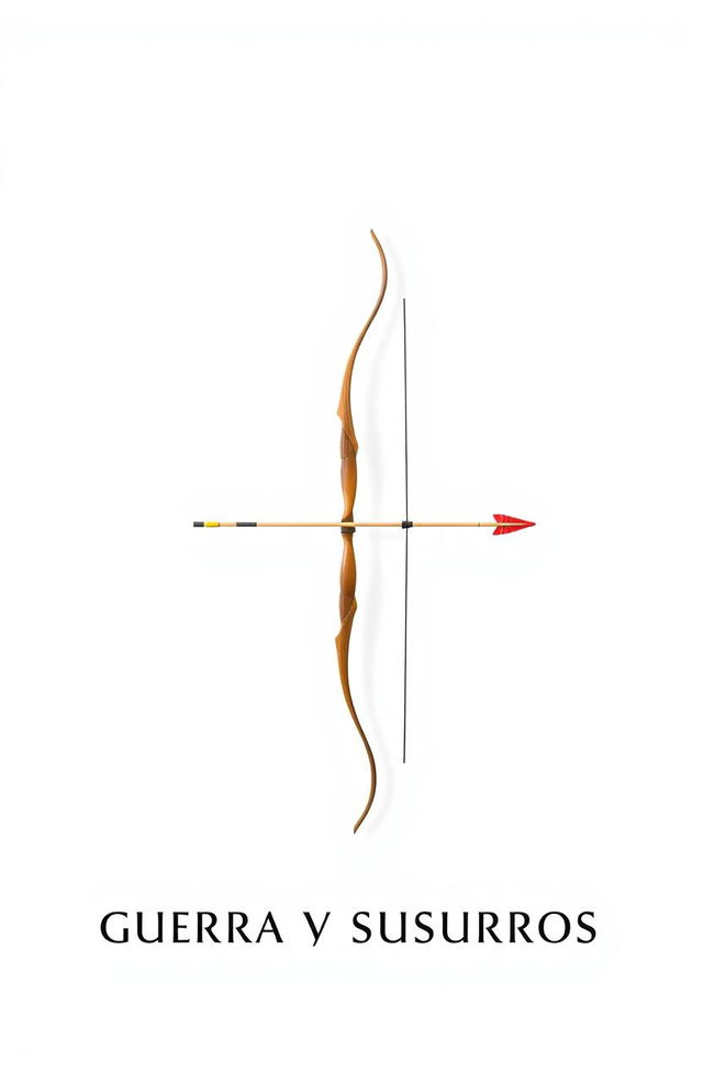 A minimalist artwork titled 'Guerra y Susurros', featuring a sleek white background with a prominently displayed bow and arrow