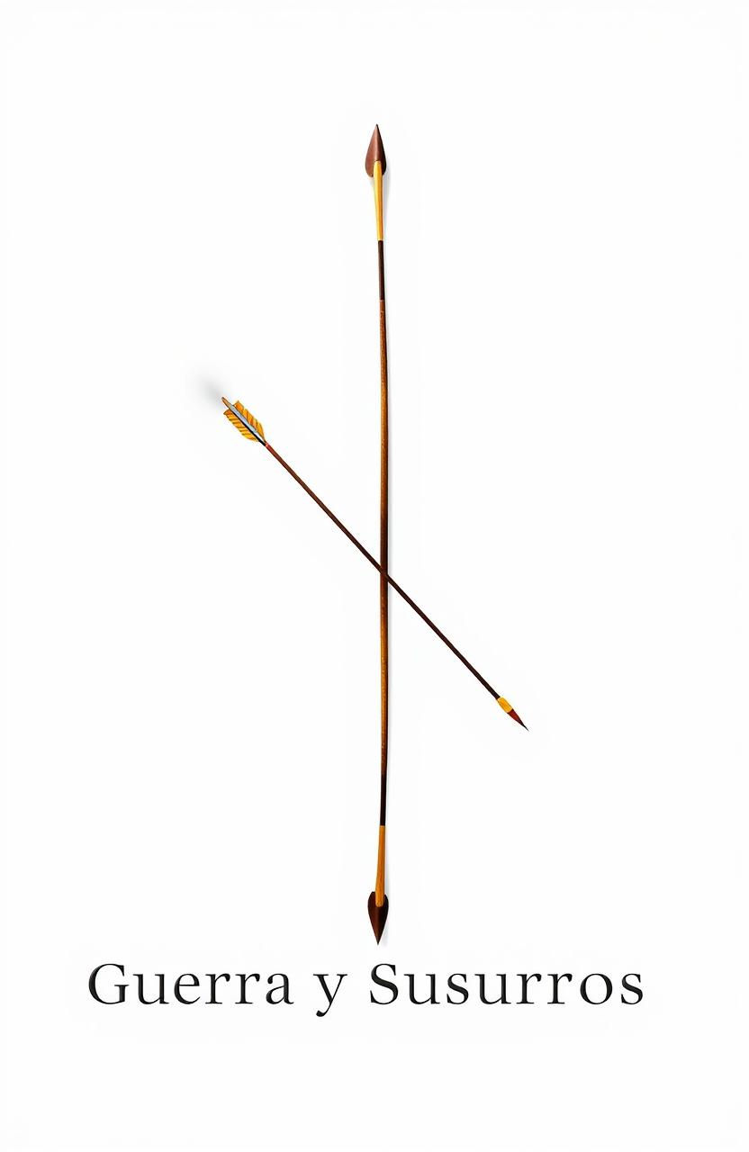 A minimalist artwork titled 'Guerra y Susurros', featuring a sleek white background with a prominently displayed bow and arrow