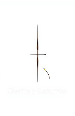 A minimalist artwork titled 'Guerra y Susurros', featuring a sleek white background with a prominently displayed bow and arrow