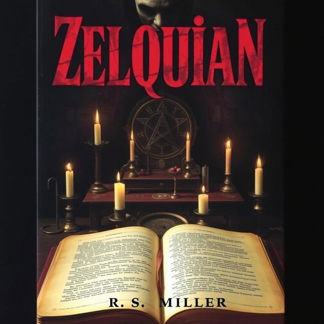 An eerie book cover featuring a dark background with an ancient altar centered in the composition, adorned with strange symbols and extinguished candles placed around it