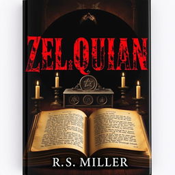 An eerie book cover featuring a dark background with an ancient altar centered in the composition, adorned with strange symbols and extinguished candles placed around it
