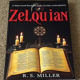 An eerie book cover featuring a dark background with an ancient altar centered in the composition, adorned with strange symbols and extinguished candles placed around it