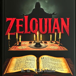 An eerie book cover featuring a dark background with an ancient altar centered in the composition, adorned with strange symbols and extinguished candles placed around it